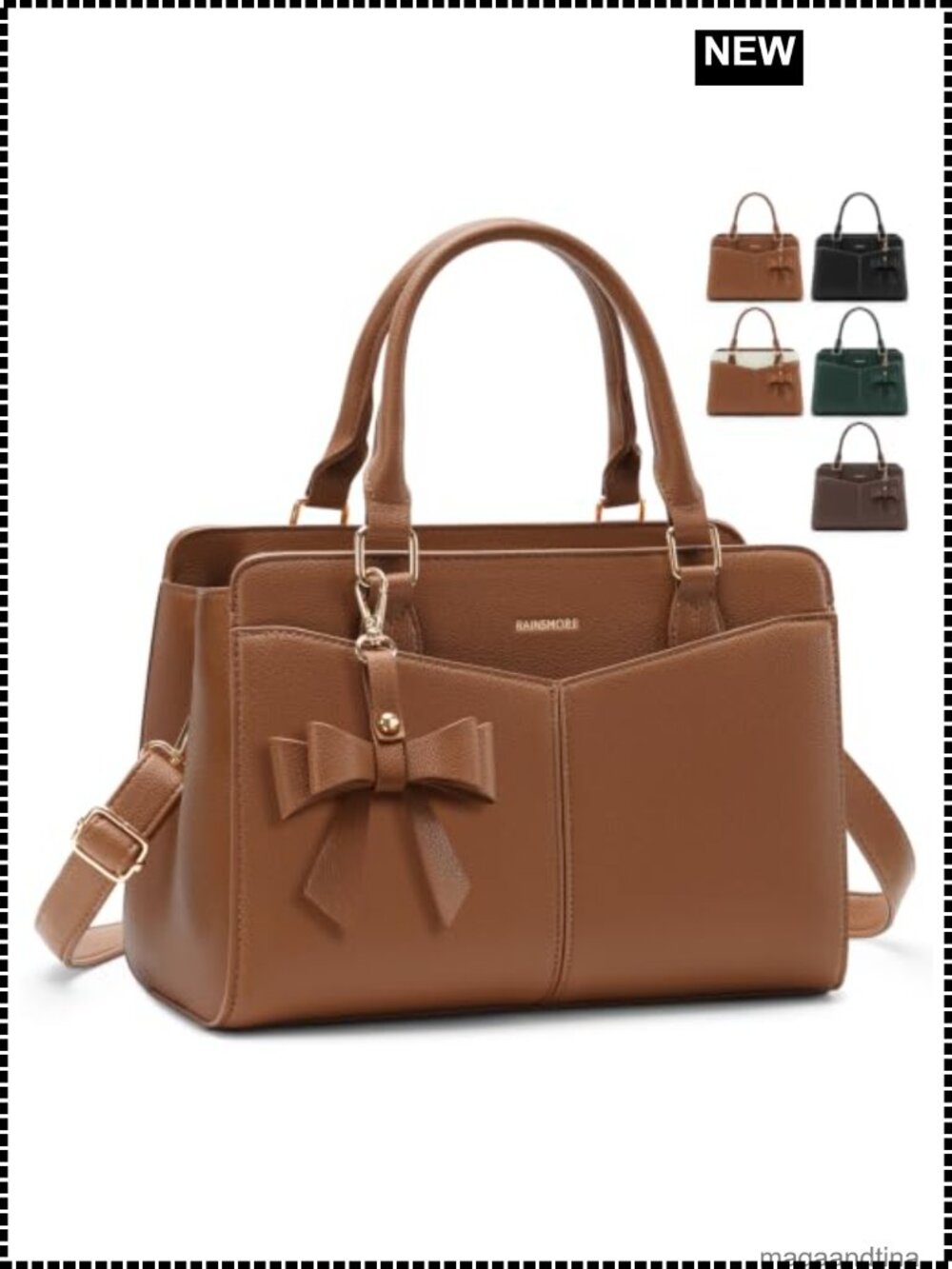PU Leather Structured Satchel Work Handbag with Bowknot Shoulder Strap Fits